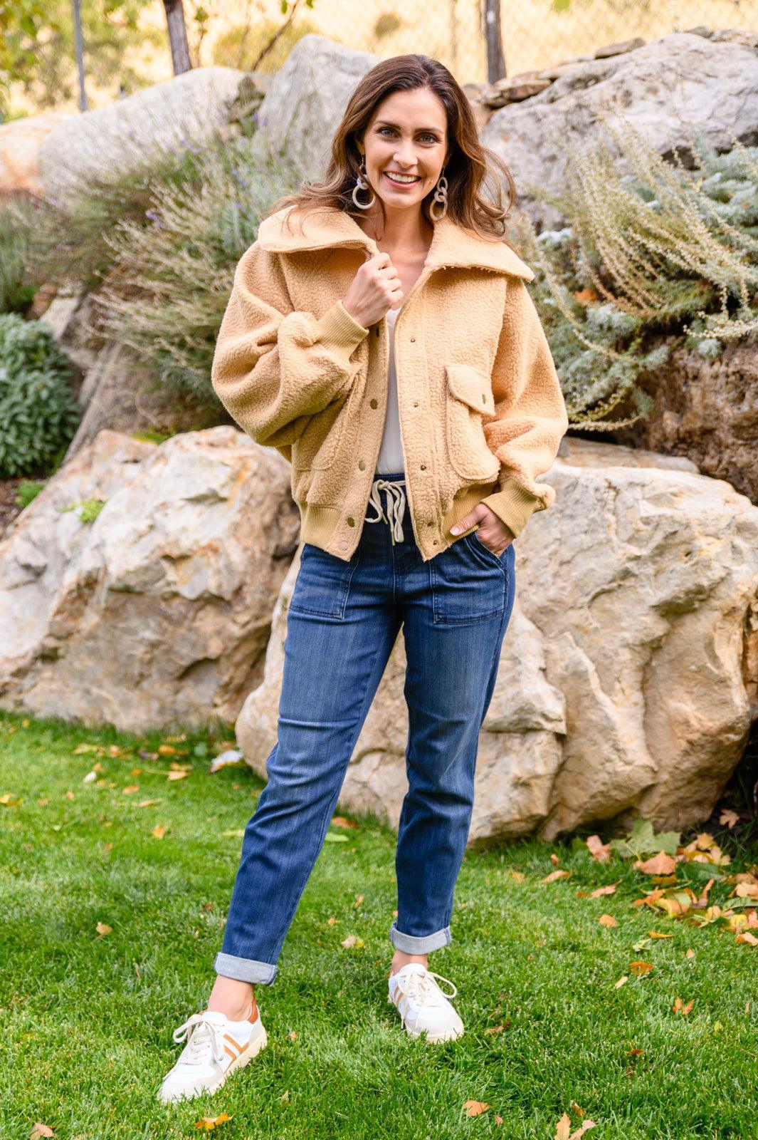Hazel Blues® | Don't Stress Oversized Collar Sherpa Jacket In Taupe