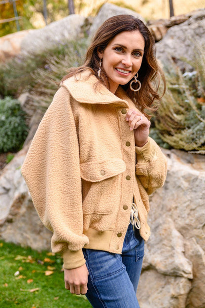 Hazel Blues® | Don't Stress Oversized Collar Sherpa Jacket In Taupe