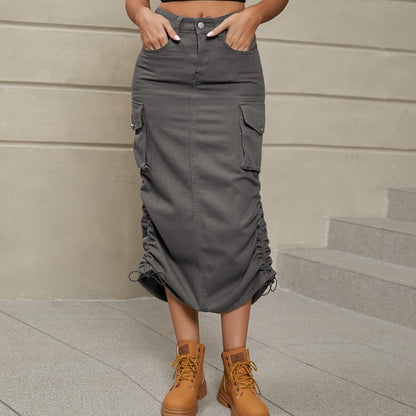 Hazel Blues® |  Drawstring Ruched Slit Denim Midi Skirt