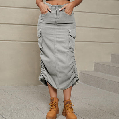 Hazel Blues® |  Drawstring Ruched Slit Denim Midi Skirt