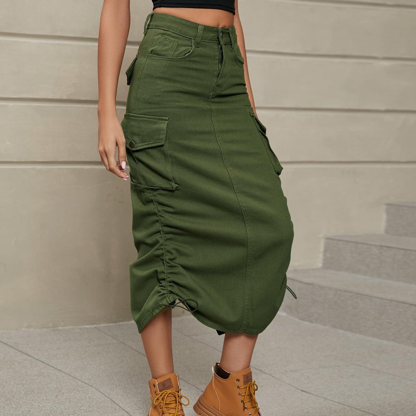 Hazel Blues® |  Drawstring Ruched Slit Denim Midi Skirt