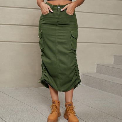 Hazel Blues® |  Drawstring Ruched Slit Denim Midi Skirt
