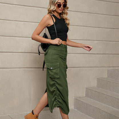 Hazel Blues® |  Drawstring Ruched Slit Denim Midi Skirt