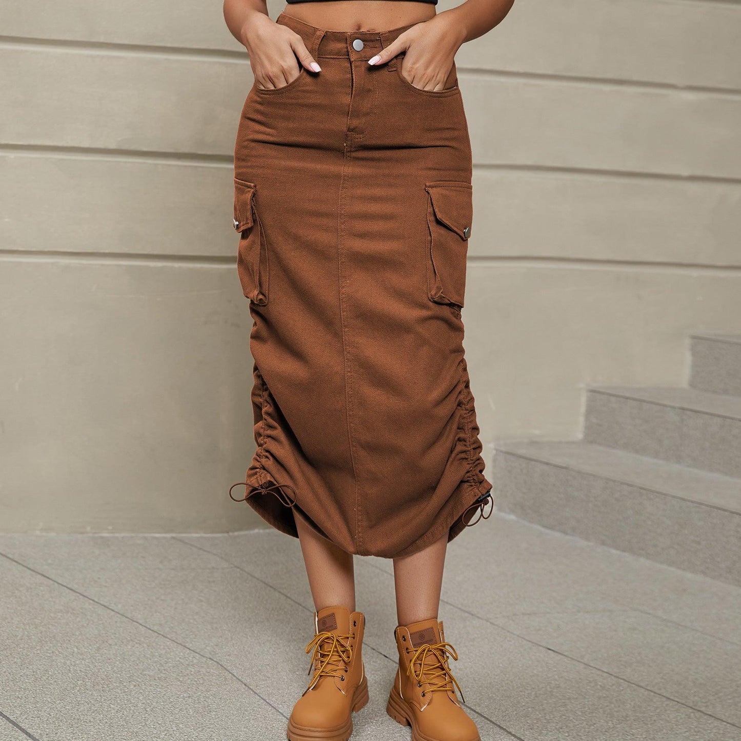 Hazel Blues® |  Drawstring Ruched Slit Denim Midi Skirt