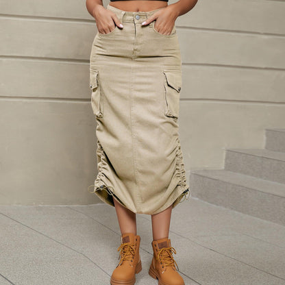 Hazel Blues® |  Drawstring Ruched Slit Denim Midi Skirt