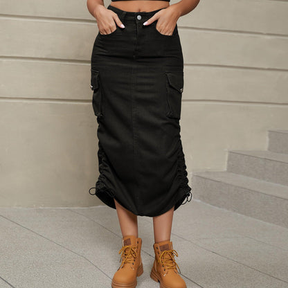 Hazel Blues® |  Drawstring Ruched Slit Denim Midi Skirt