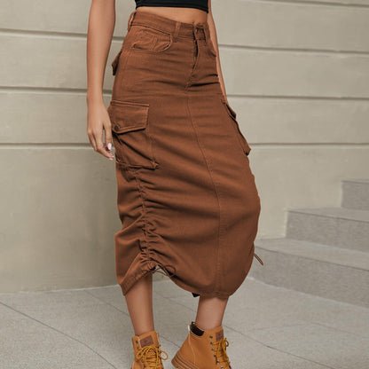Hazel Blues® |  Drawstring Ruched Slit Denim Midi Skirt