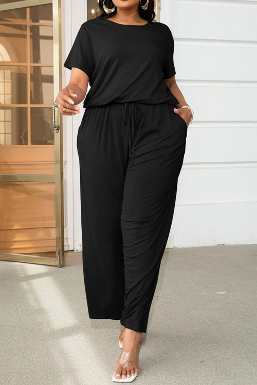 Hazel Blues® | Drawstring Waist Short Sleeve Jumpsuit