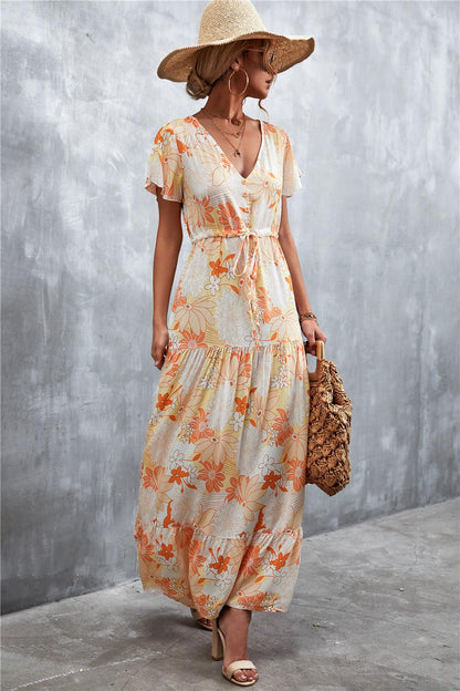 Hazel Blues® | Floral Buttoned Drawstring Waist Tiered Dress