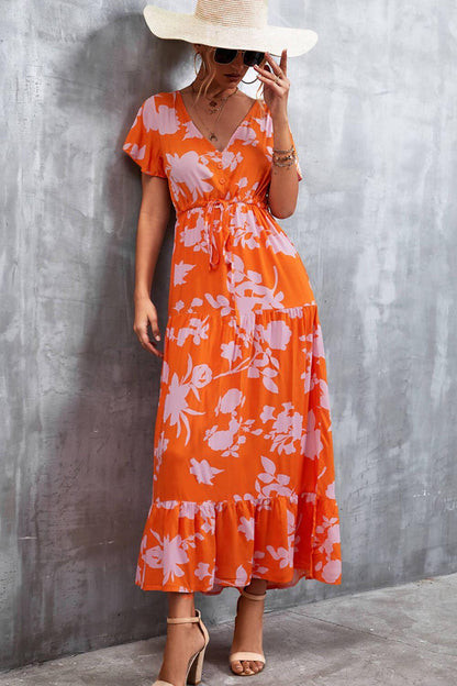 Hazel Blues® | Floral Buttoned Drawstring Waist Tiered Dress