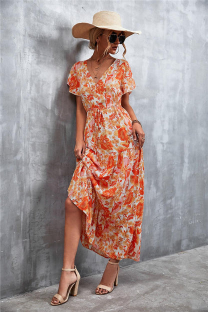 Hazel Blues® | Floral Buttoned Drawstring Waist Tiered Dress