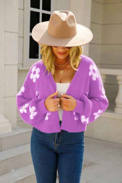 Hazel Blues® | Floral Open Front Fuzzy Cardigan