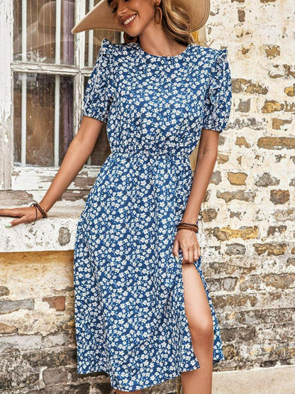 Hazel Blues® | Floral Round Neck Split Midi Dress
