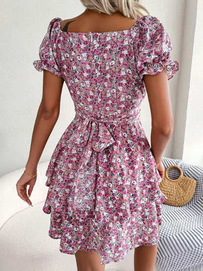Hazel Blues® | Floral Sweetheart Neck Flounce Sleeve Mini Dress
