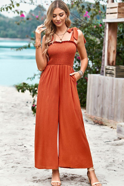 Hazel Blues® | Frill Trim Tie Shoulder Wide Leg Jumpsuit with Pockets
