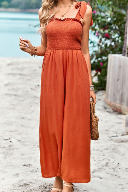 Hazel Blues® | Frill Trim Tie Shoulder Wide Leg Jumpsuit with Pockets