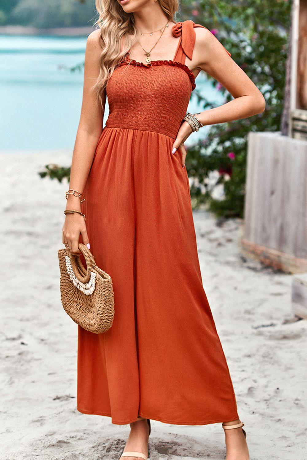 Hazel Blues® | Frill Trim Tie Shoulder Wide Leg Jumpsuit with Pockets