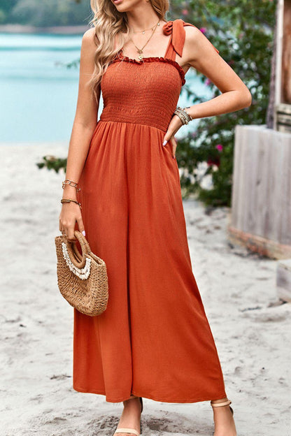 Hazel Blues® | Frill Trim Tie Shoulder Wide Leg Jumpsuit with Pockets