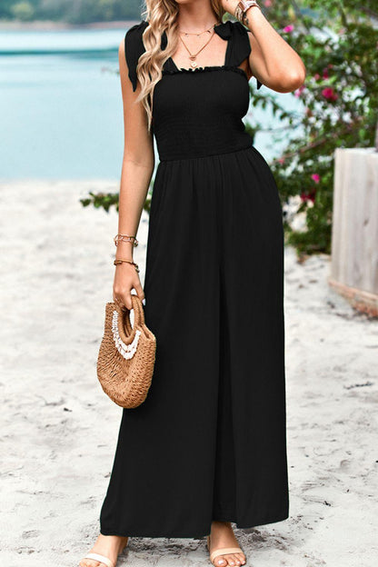 Hazel Blues® | Frill Trim Tie Shoulder Wide Leg Jumpsuit with Pockets