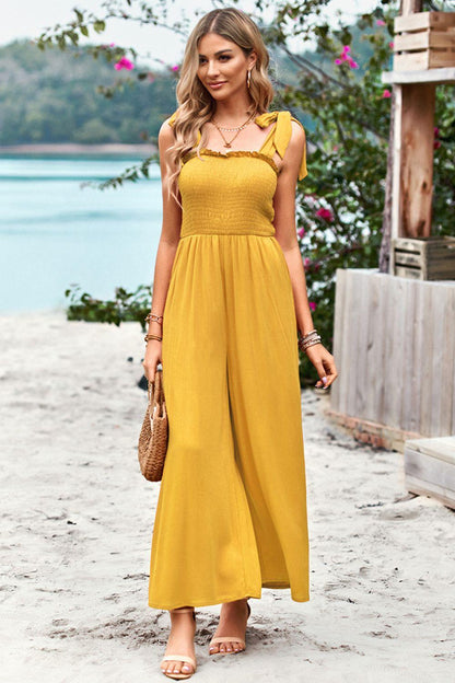 Hazel Blues® | Frill Trim Tie Shoulder Wide Leg Jumpsuit with Pockets