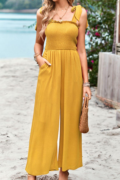 Hazel Blues® | Frill Trim Tie Shoulder Wide Leg Jumpsuit with Pockets