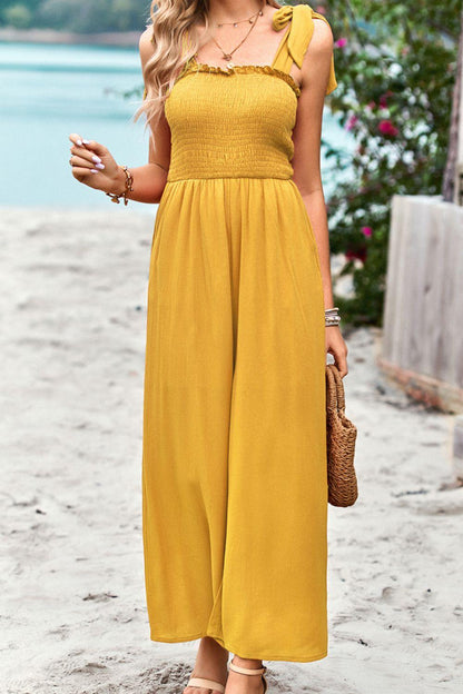 Hazel Blues® | Frill Trim Tie Shoulder Wide Leg Jumpsuit with Pockets