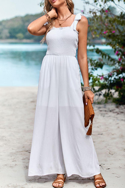Hazel Blues® | Frill Trim Tie Shoulder Wide Leg Jumpsuit with Pockets