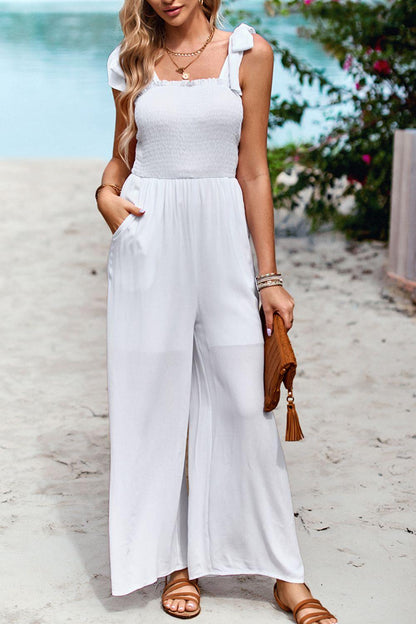 Hazel Blues® | Frill Trim Tie Shoulder Wide Leg Jumpsuit with Pockets