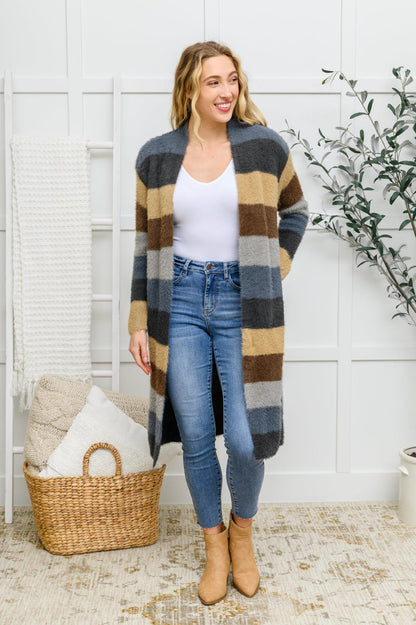 Hazel Blues® | Fuzzy Longline Cardigan In Blue & Cocoa