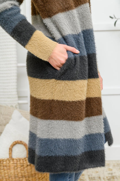 Hazel Blues® | Fuzzy Longline Cardigan In Blue & Cocoa