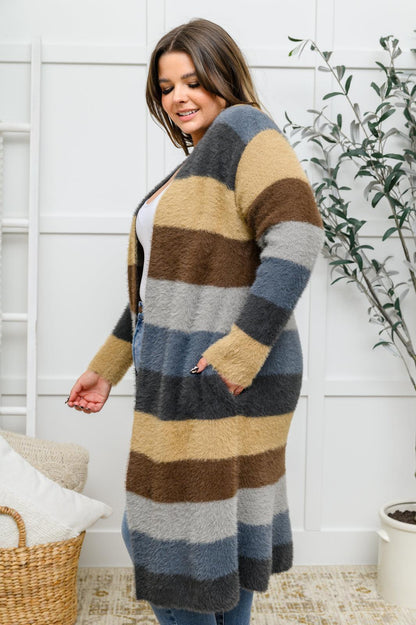 Hazel Blues® | Fuzzy Longline Cardigan In Blue & Cocoa