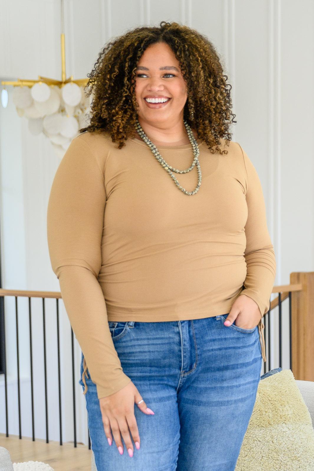 Hazel Blues® | Hold Me Tight Ribbed Long Sleeve Top In Tan