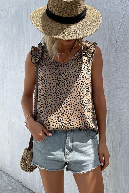 Hazel Blues® | Leopard Frill Trim V-Neck Tank