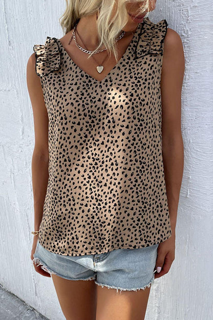Hazel Blues® | Leopard Frill Trim V-Neck Tank