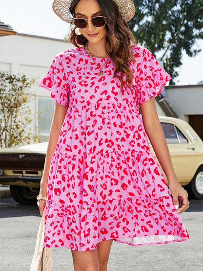 Hazel Blues® | Leopard Short Flounce Sleeve Tiered Dress