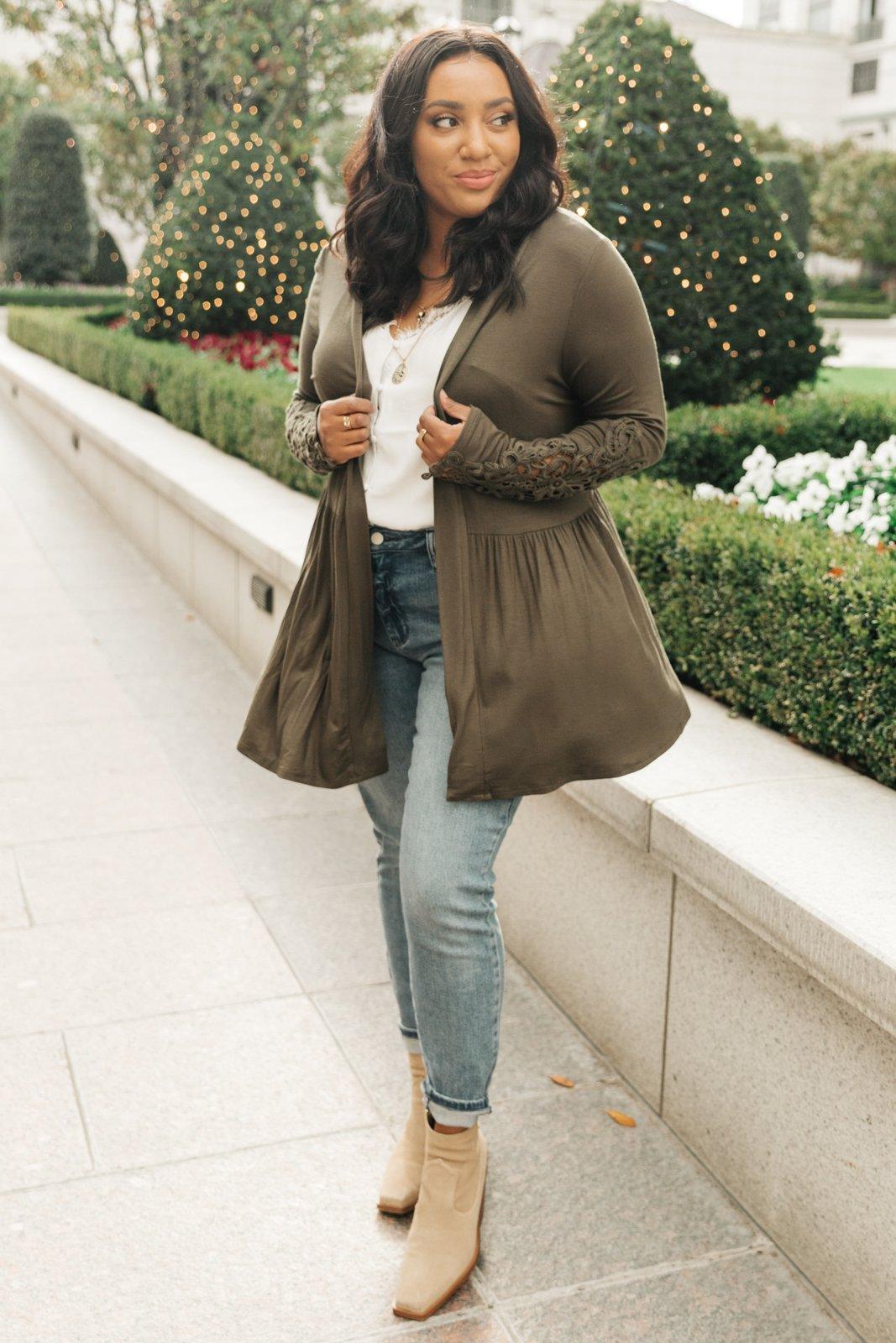 Hazel Blues® | Little Bit Of Lace Cardigan In Olive