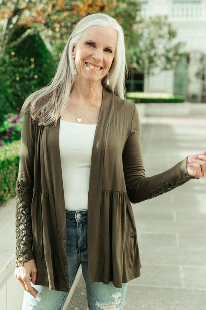 Hazel Blues® | Little Bit Of Lace Cardigan In Olive