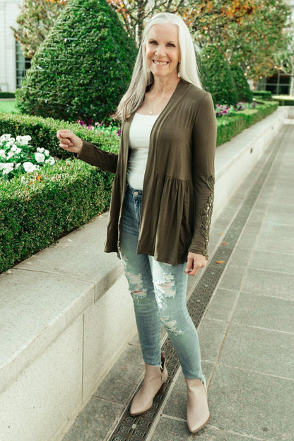 Hazel Blues® | Little Bit Of Lace Cardigan In Olive