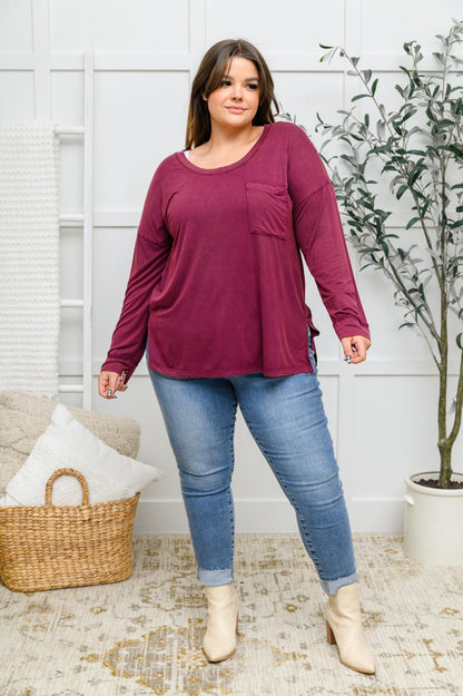 Hazel Blues® | Long Sleeve Knit Top With Pocket In Burgundy