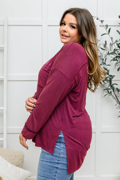 Hazel Blues® | Long Sleeve Knit Top With Pocket In Burgundy