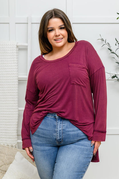 Hazel Blues® | Long Sleeve Knit Top With Pocket In Burgundy