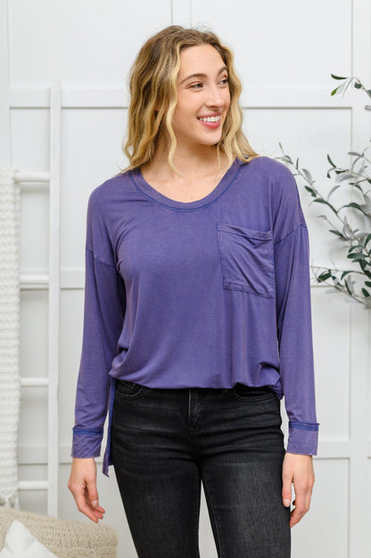 Hazel Blues® | Long Sleeve Knit Top With Pocket In Denim Blue