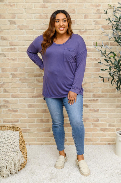 Hazel Blues® | Long Sleeve Knit Top With Pocket In Denim Blue