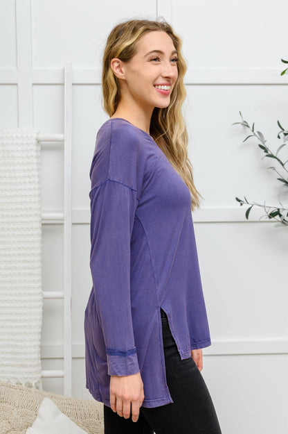 Hazel Blues® | Long Sleeve Knit Top With Pocket In Denim Blue