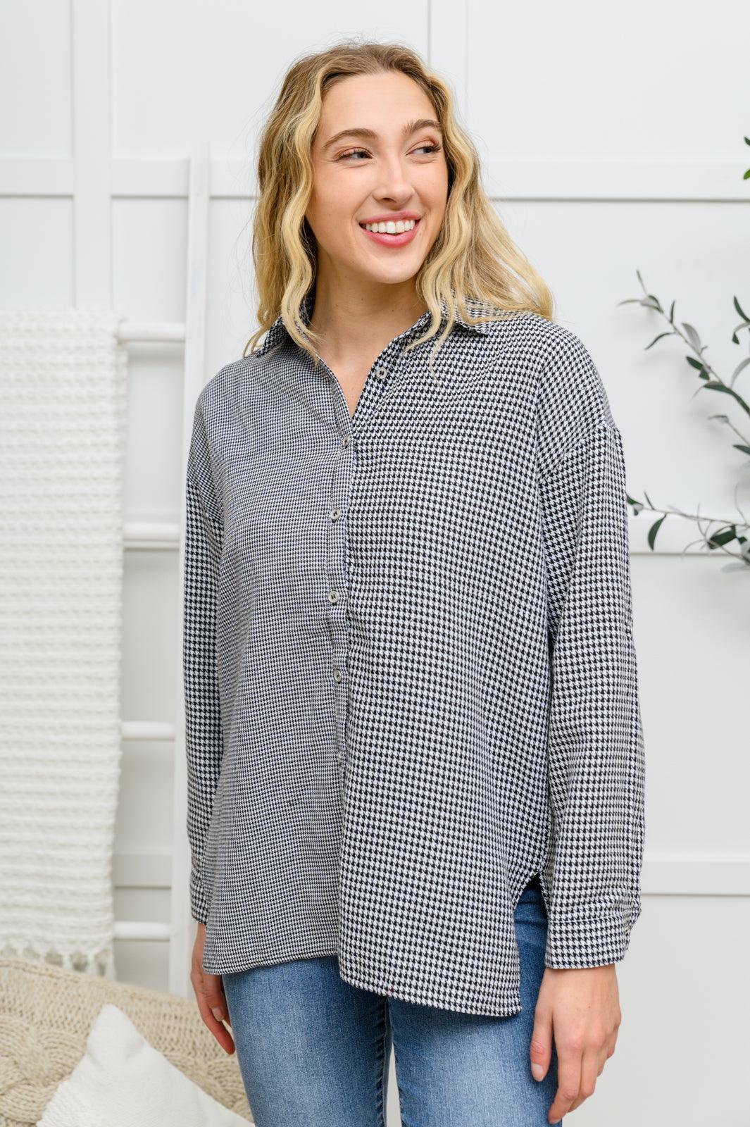 Hazel Blues® | Mixed Houndstooth Button Up Top