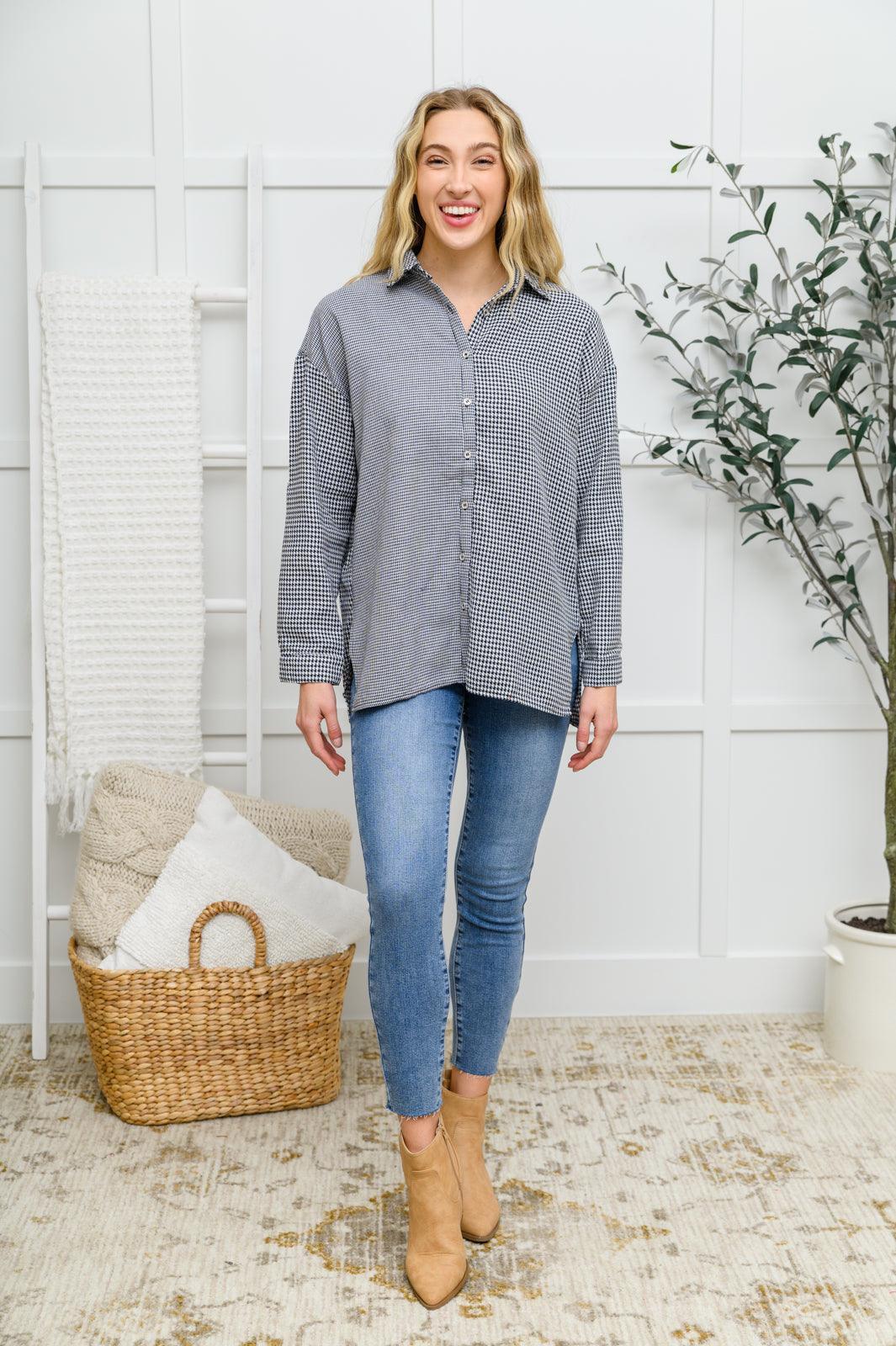 Hazel Blues® | Mixed Houndstooth Button Up Top