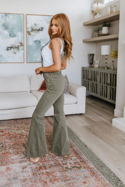 Hazel Blues® |  Olivia Control Top Release Hem Overalls in Olive