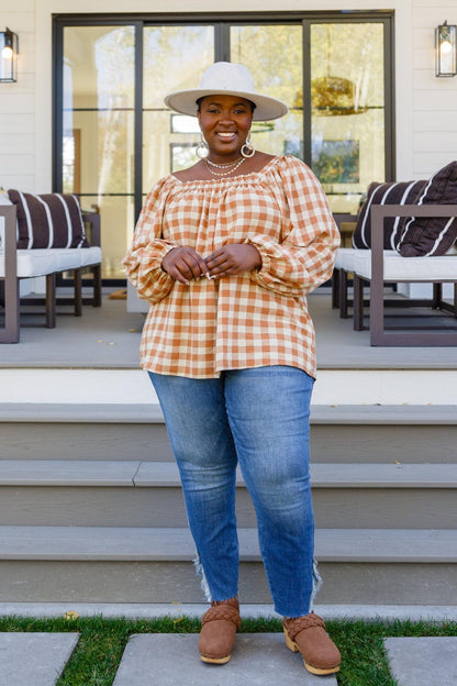 Hazel Blues® |  One Fine Afternoon Gingham Plaid Top In Caramel