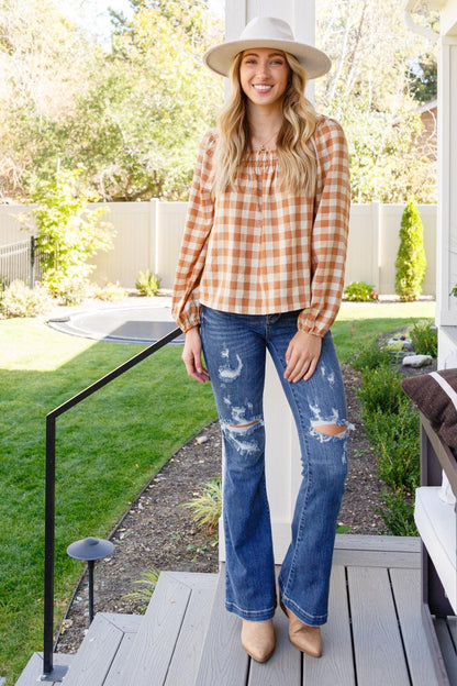 Hazel Blues® |  One Fine Afternoon Gingham Plaid Top In Caramel