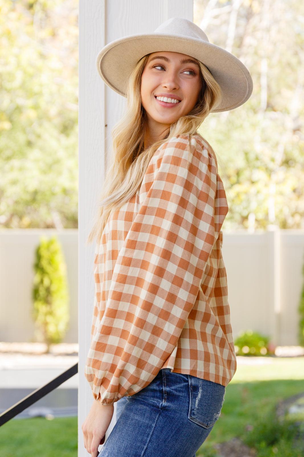 Hazel Blues® |  One Fine Afternoon Gingham Plaid Top In Caramel